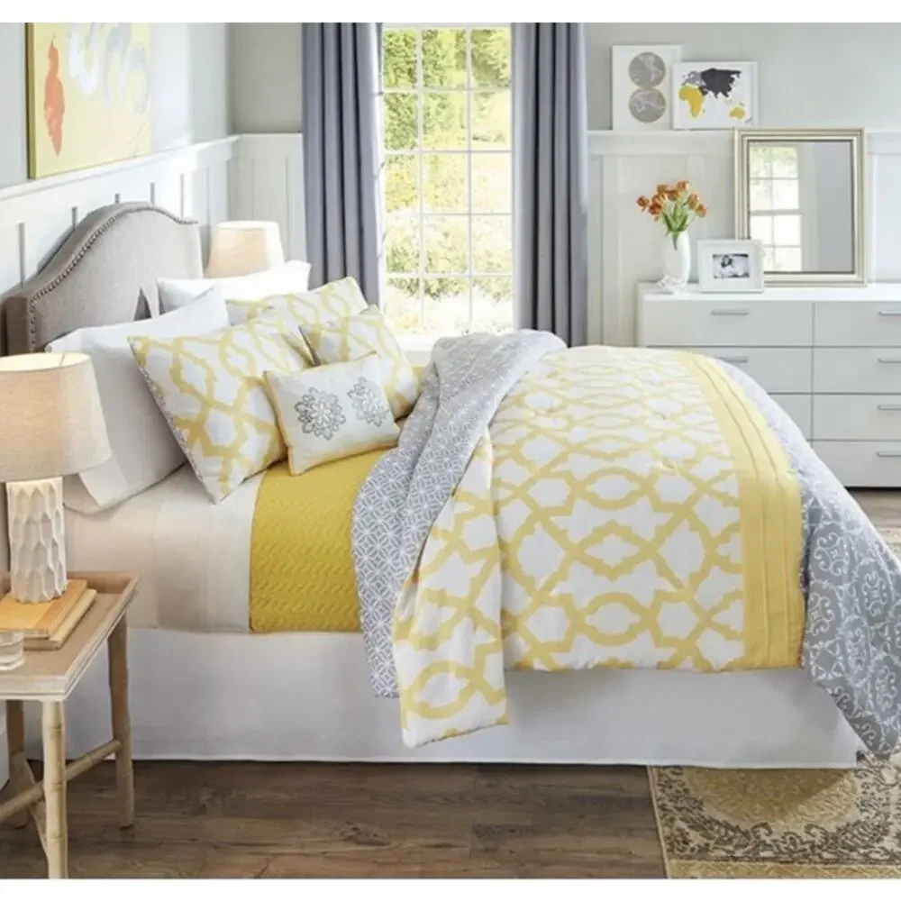 Queen Comforter Bedding Set Gray Yellow Medallion Better Homes Gardens 5 Pc